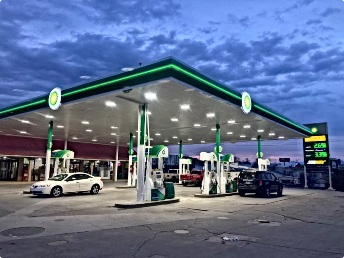 Evening view of a busy gas station.